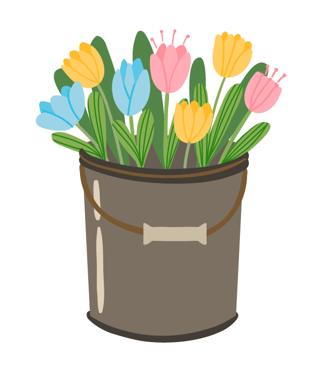 Drawing of seven flowers in a bucket.